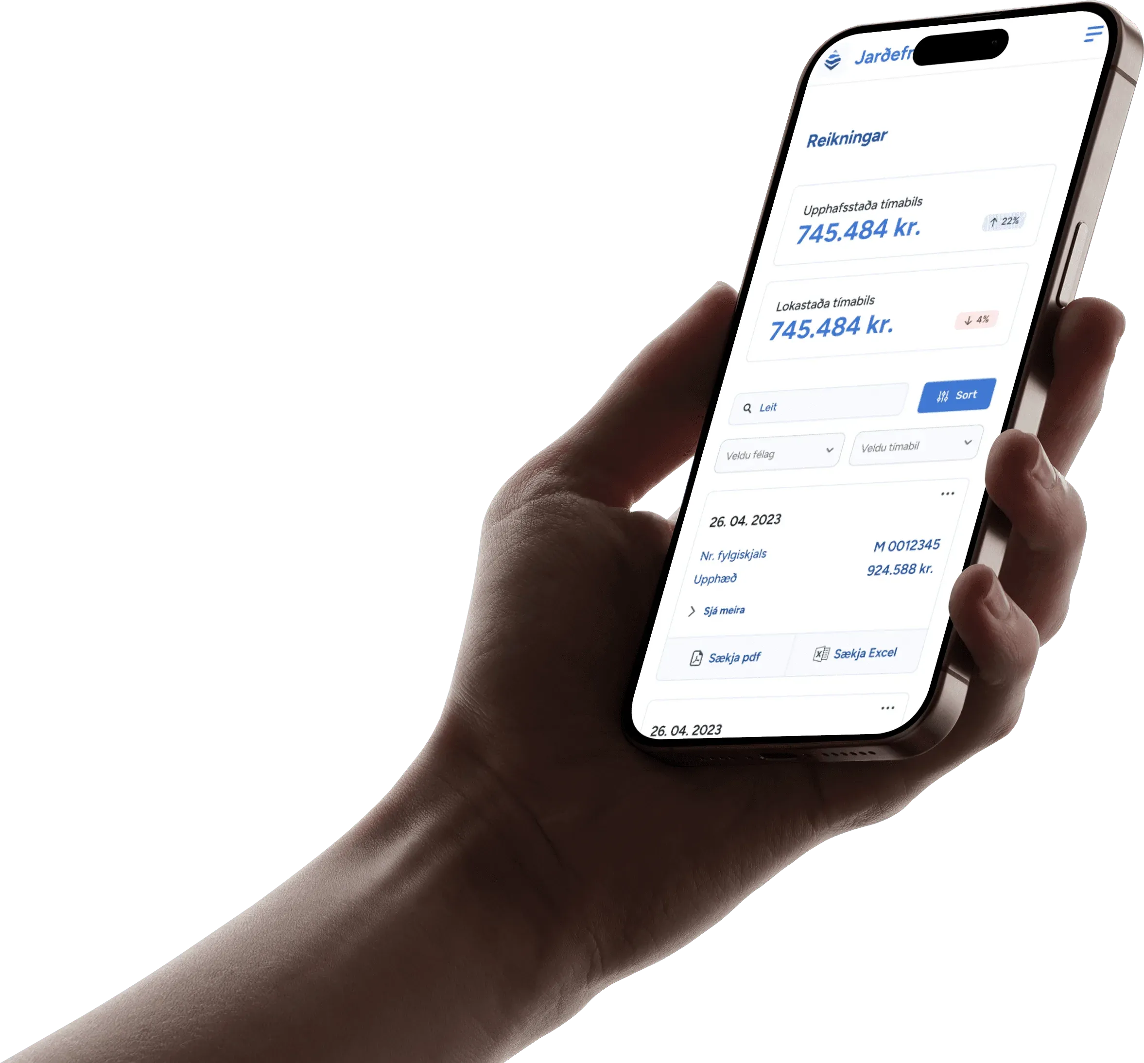 The application on a phone, showing project figures