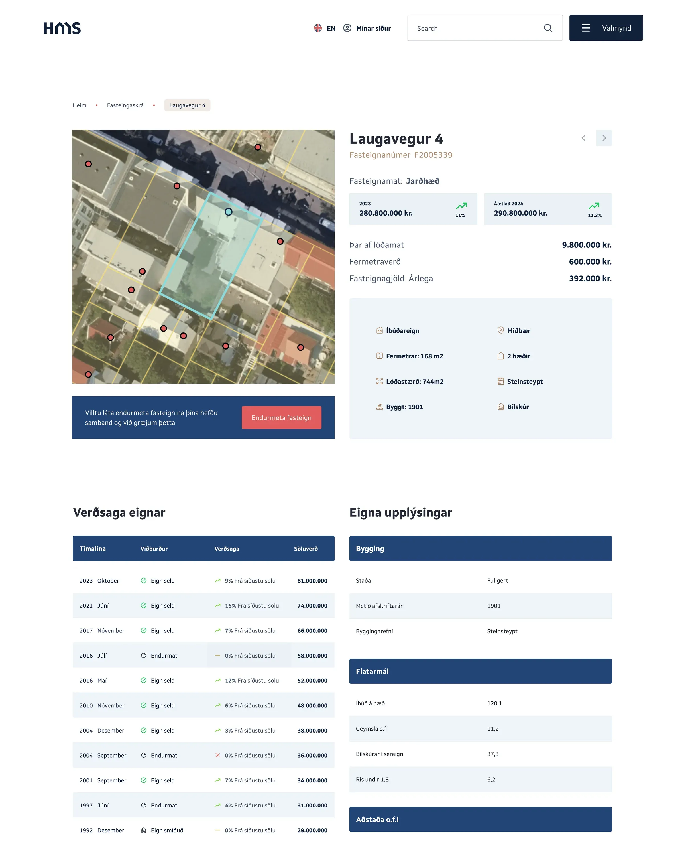 A property page with an aerial photo and a table of details