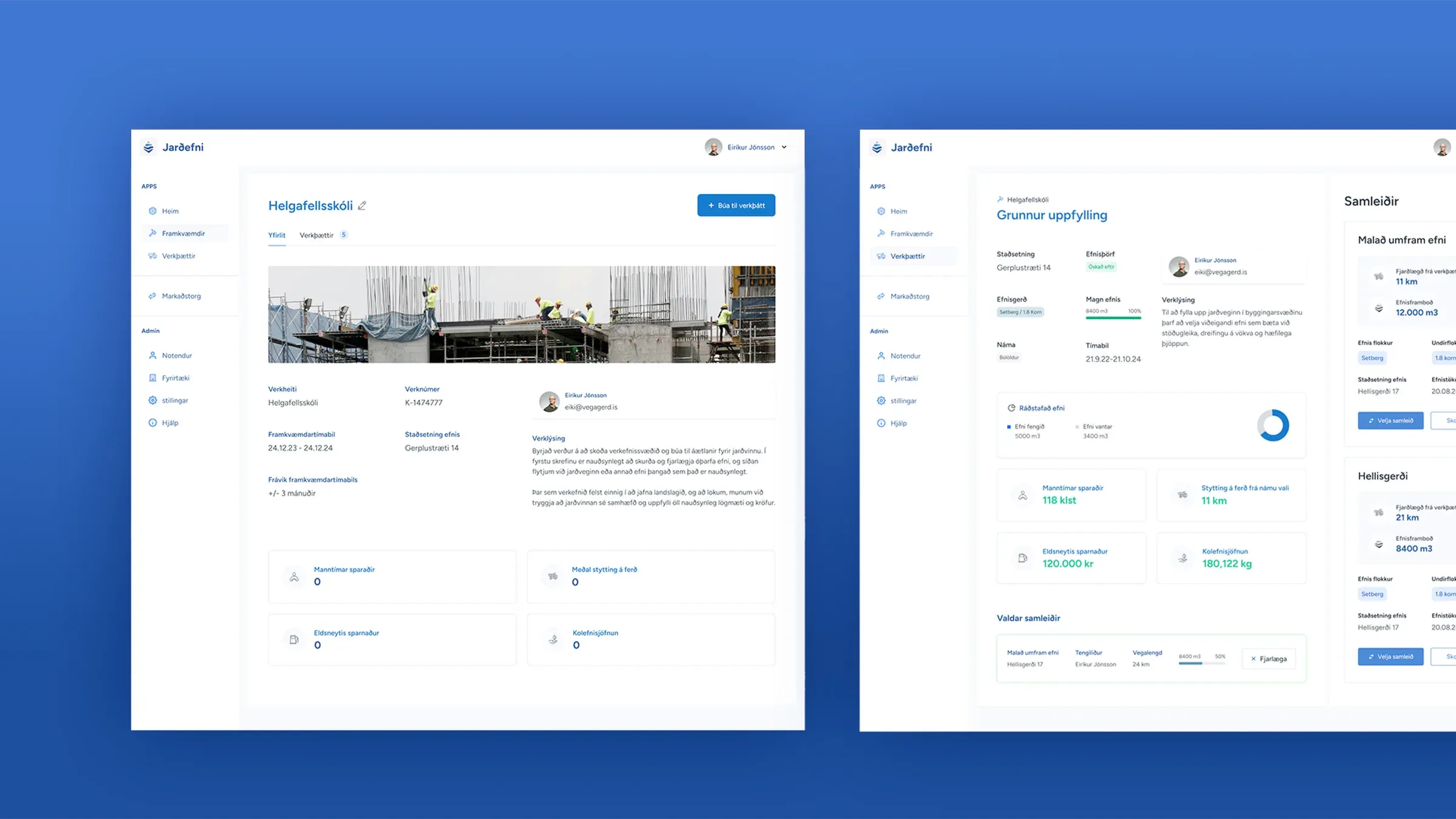 Two screens of the application on a blue ground