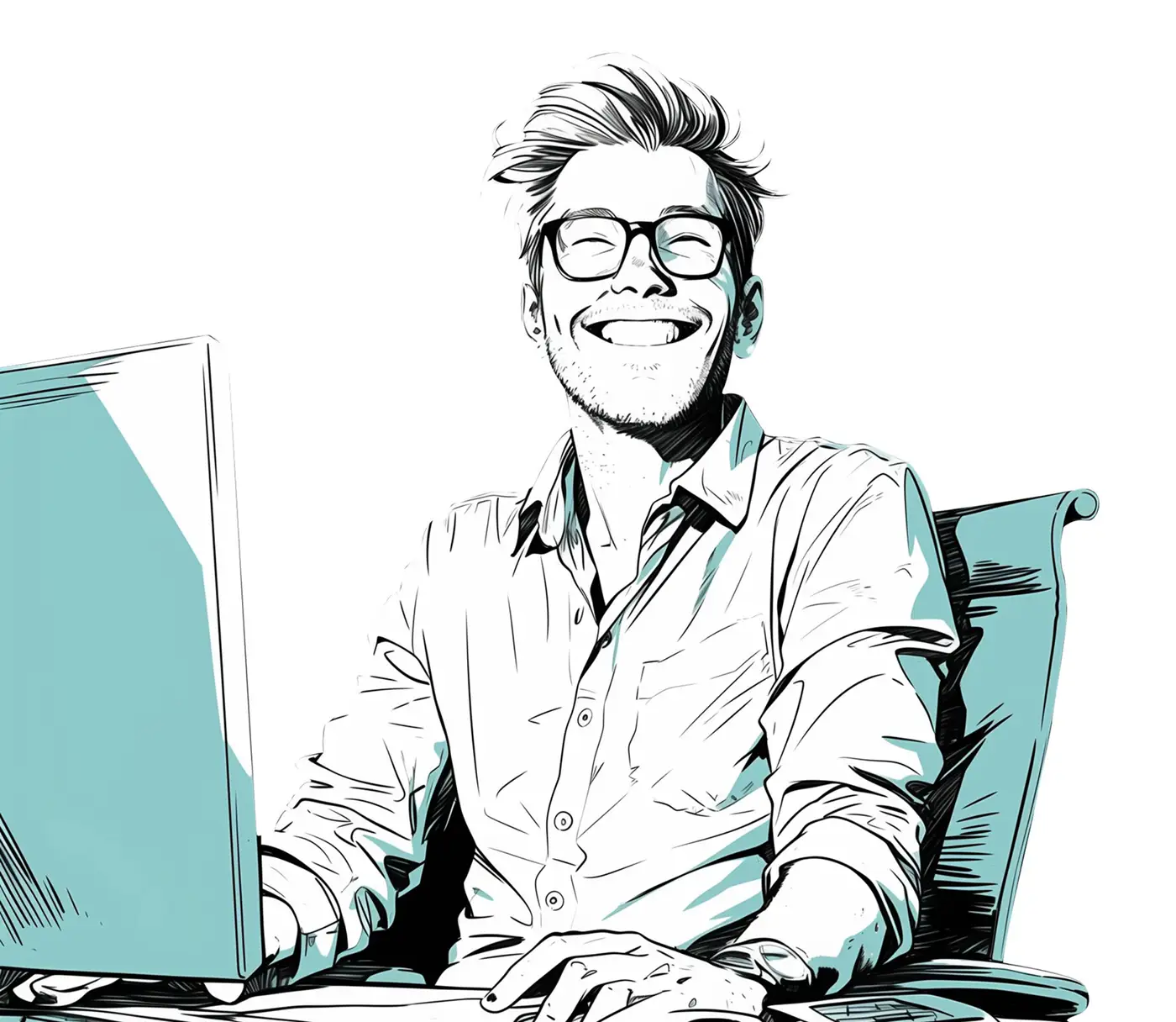 Dabbi illustration: a smiling person at a computer, in line art with teal