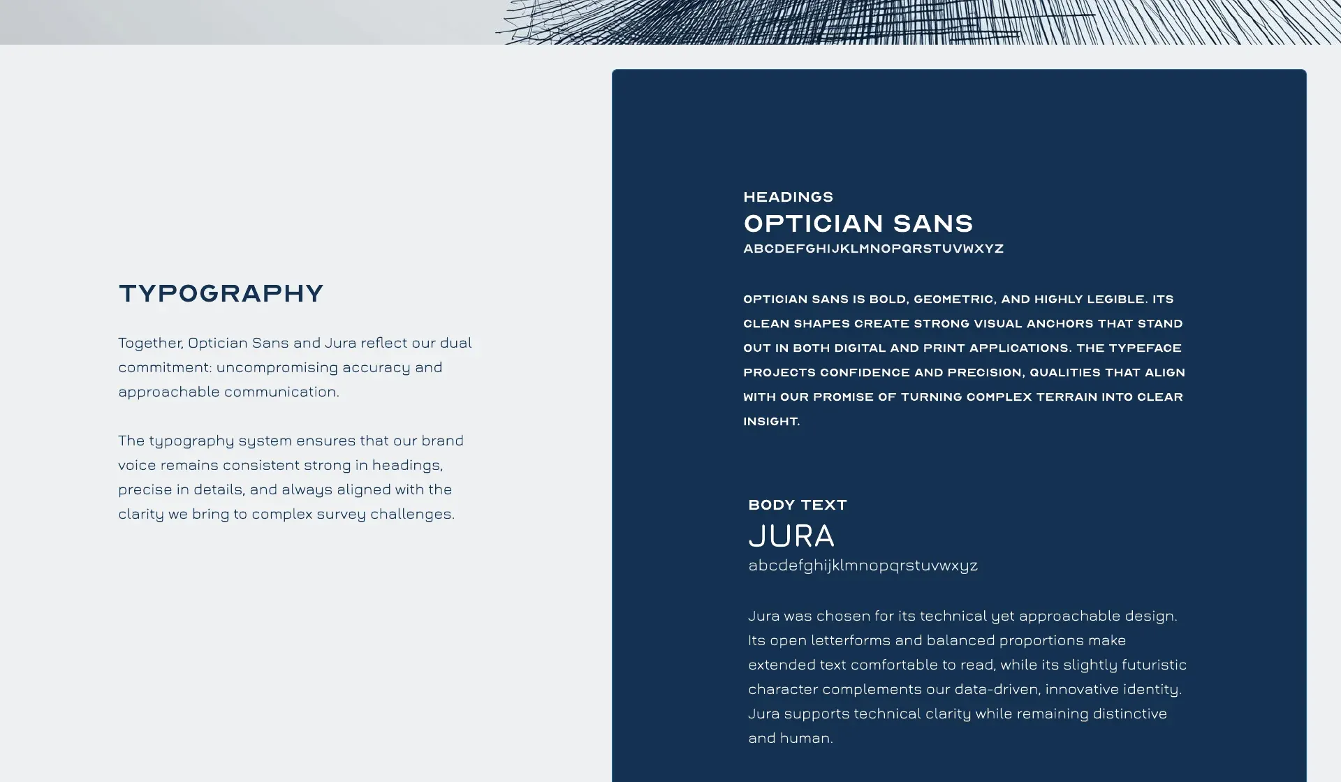 The type page of the brand guide: Optician Sans for headings and Jura for body text
