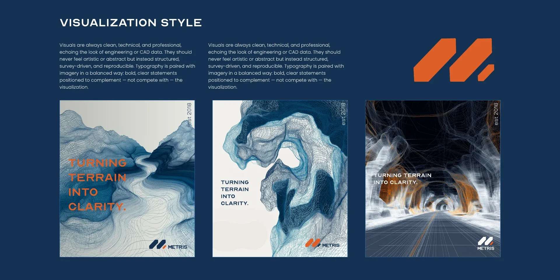 The visualisation style page of the brand guide, with three posters