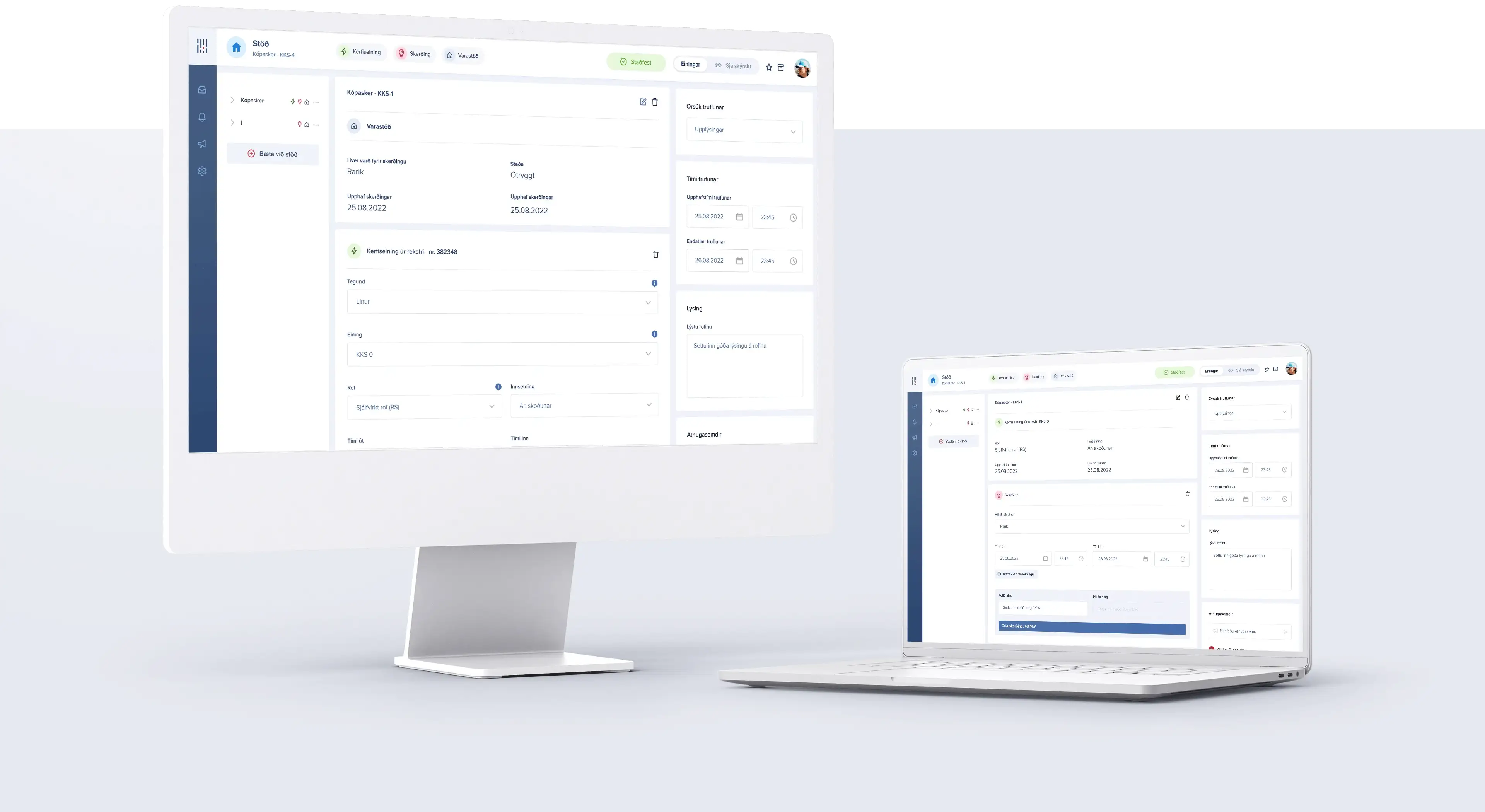 Landsnet Dynkur: the disruption log on a desktop monitor and a laptop