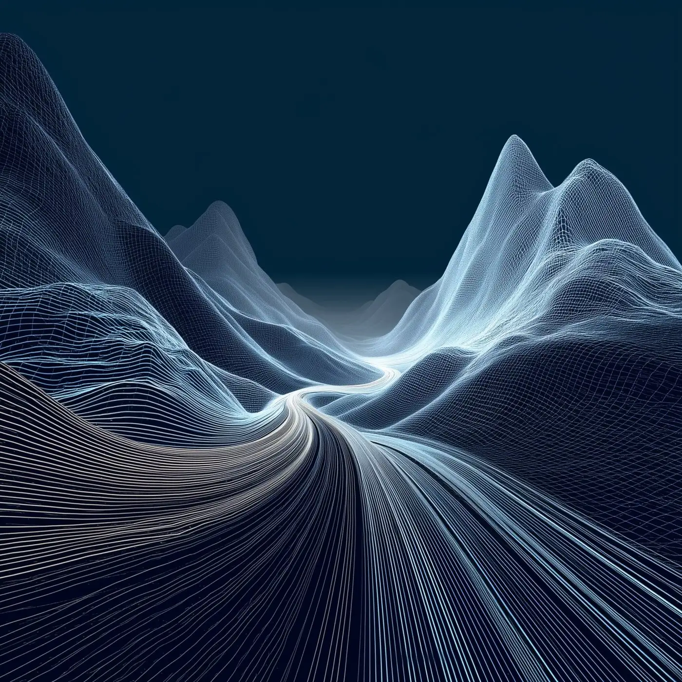 Point-cloud visualisation of a mountain valley with a road, from the Metris brand identity