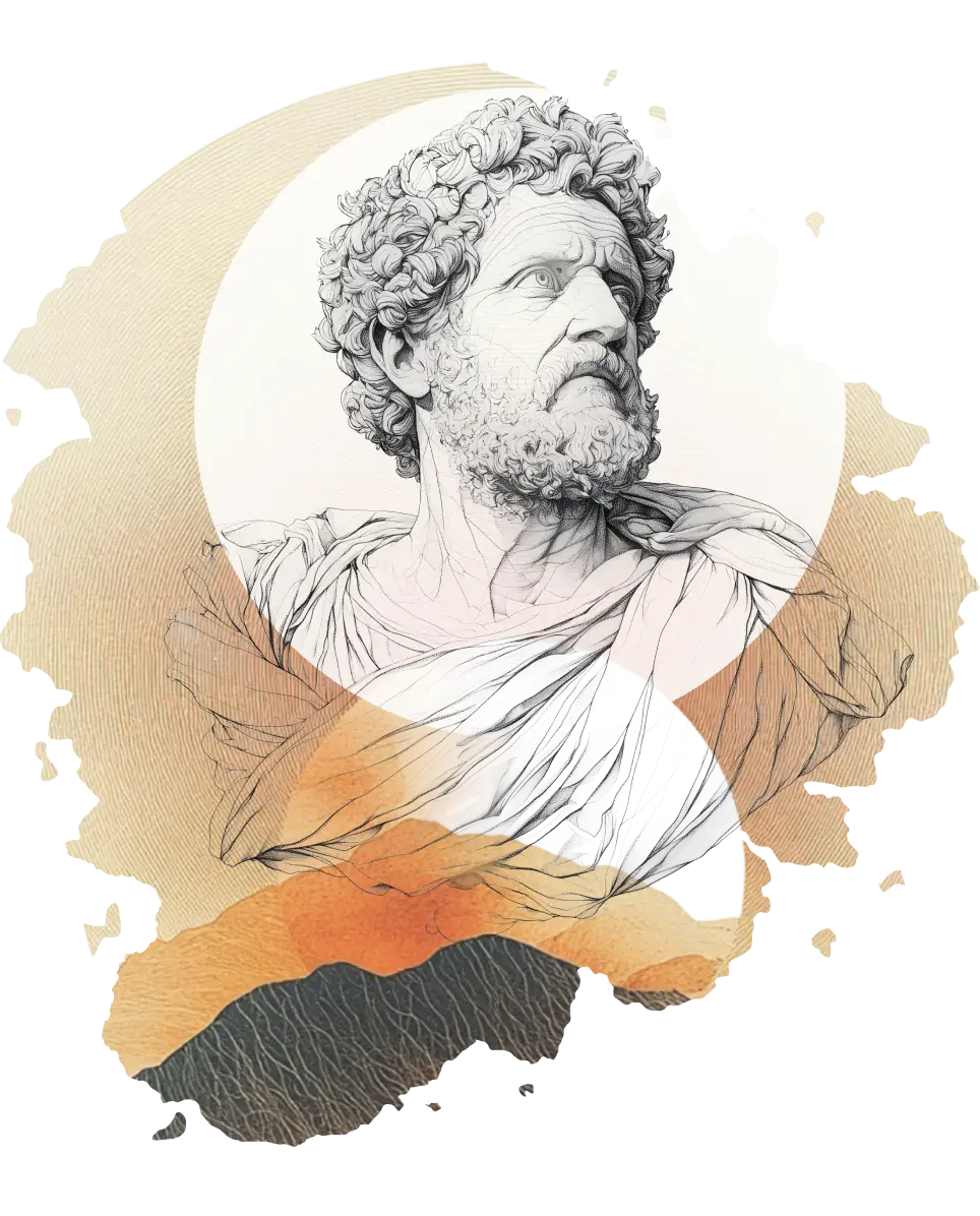 Orrdo illustration: a marble bust of a philosopher against a cream and orange wash