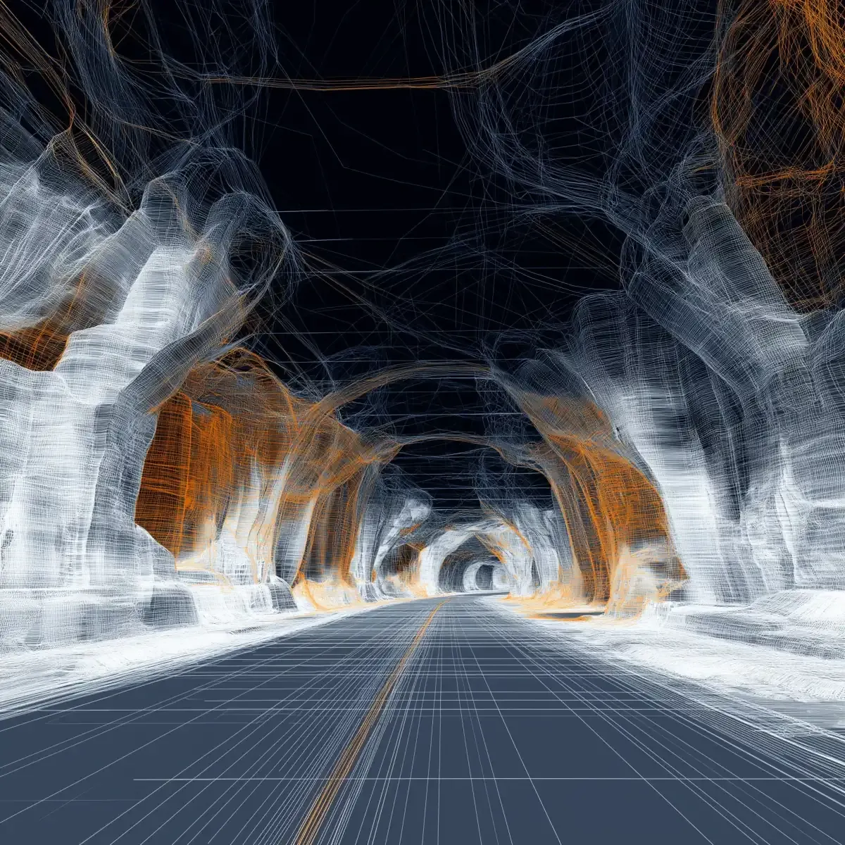 A tunnel in orange and white lines