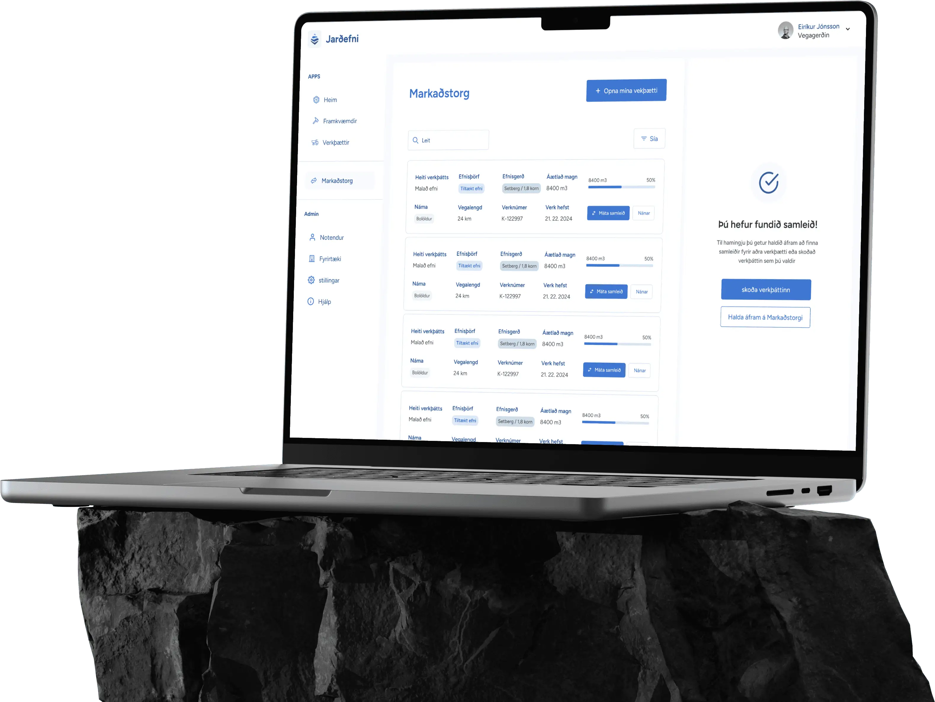 Verkís: the application on a laptop, resting on a block of dark rock