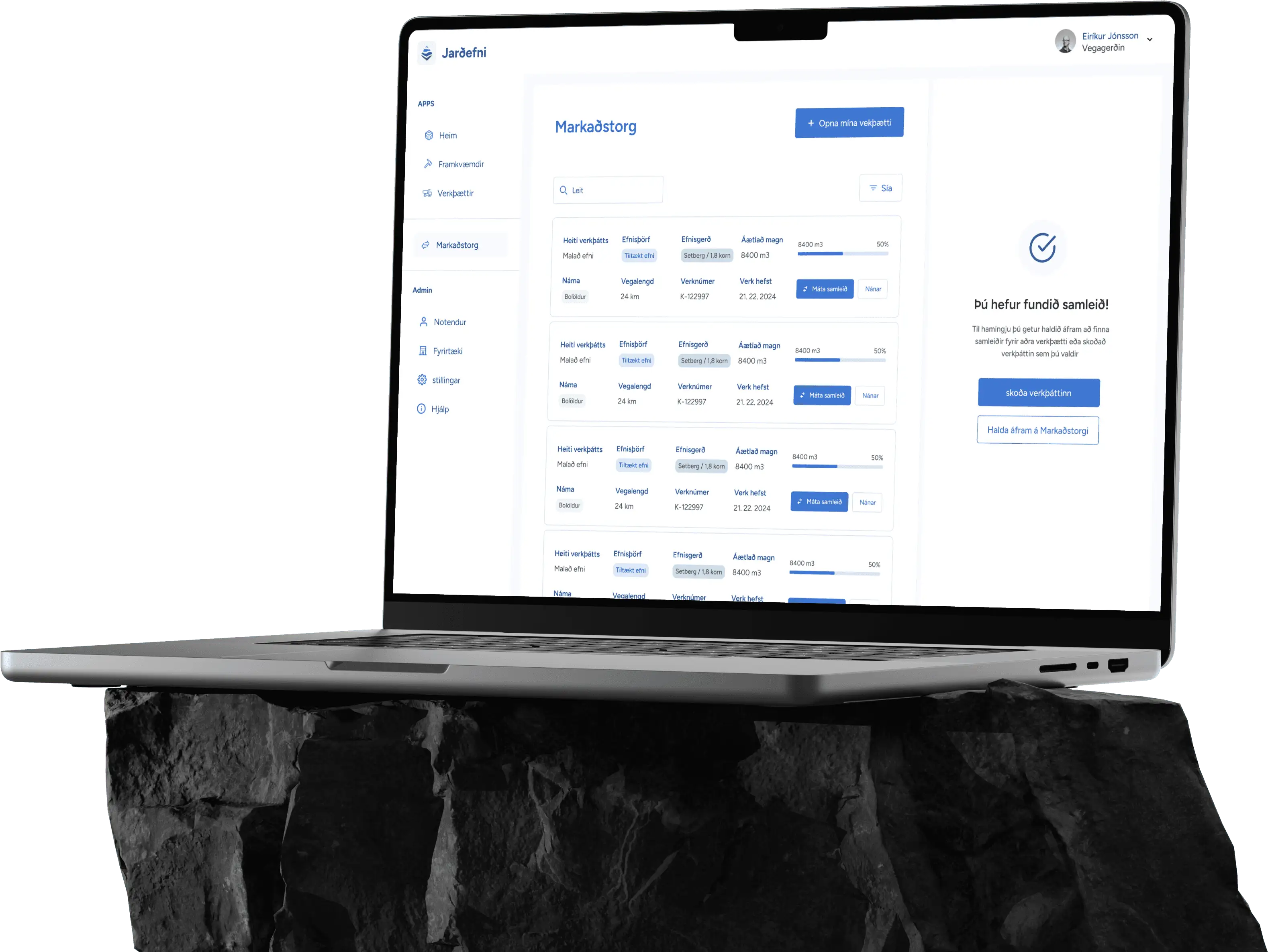 Verkís: the application on a laptop, resting on a block of dark rock